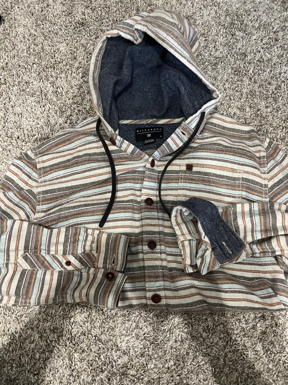 Billabong Striped Hooded Button-Down Shirt Jacket in browns/blue large men’s